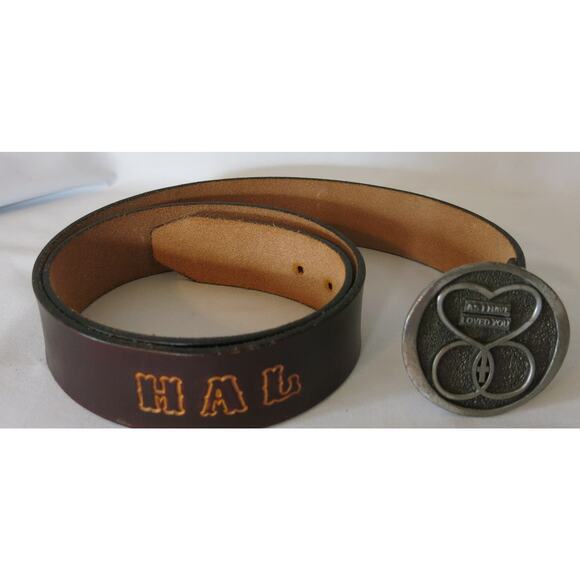Men's Leather Belt L/XL* Personalized HAL Religious Marriage Silver Buckle Brown - Picture 1 of 11